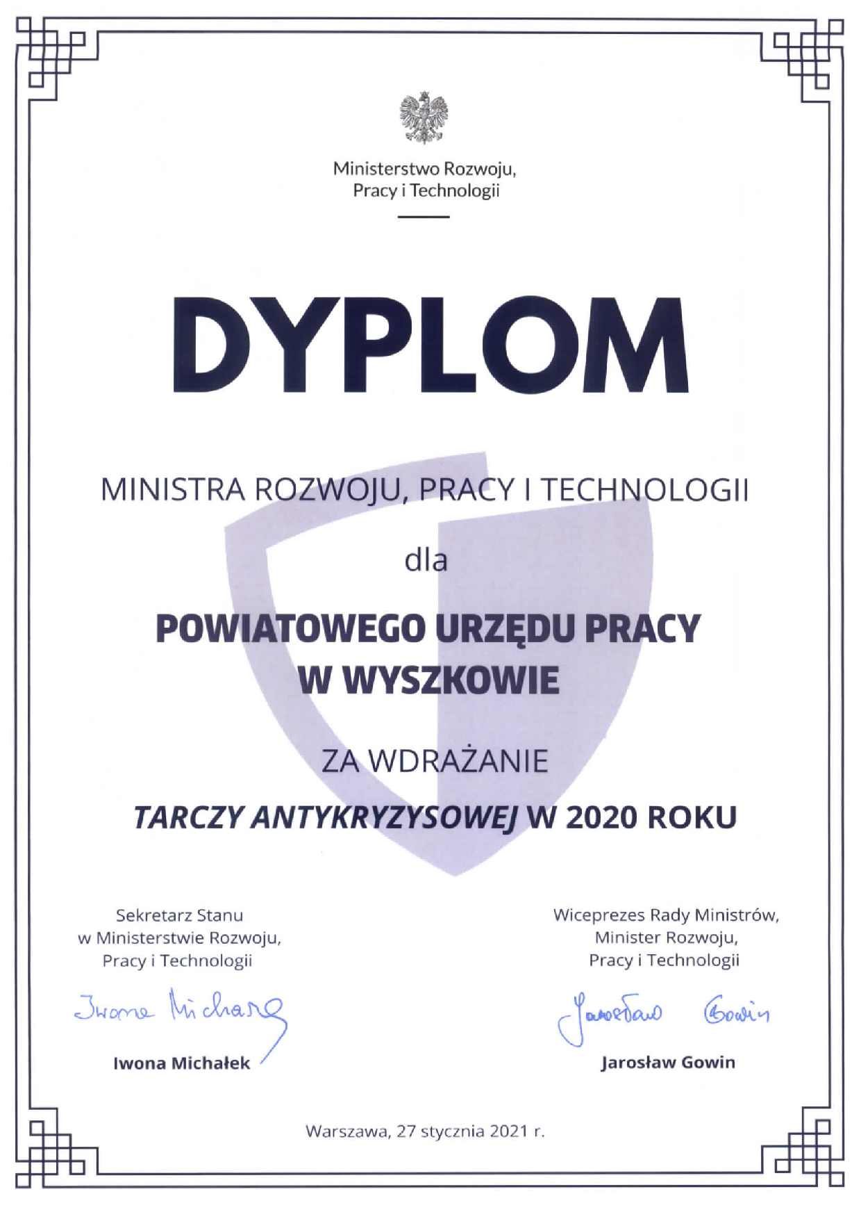 Dyplom Ministra za wdrożenie tarczy antykryzysowej