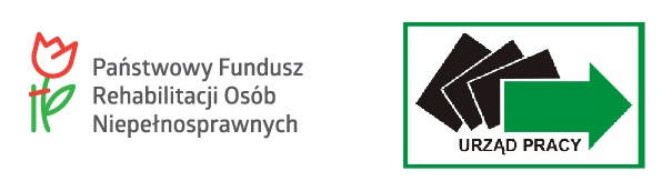 Logo PFRON:czerwony tulipan z zieloną łodygą i liściem. Spięty czerwoną  linią z podpórką będąca po jego lewej stronie. Logo urzędów pracy: prostokąt z zielonym obramowaniem zaznaczonym grubą linią. W środku 3 czarne prostokąty częściowo nałożone na siebie, ułożone w skosie, przypominające rozkładany wachlarz. Na pierwszy z czarnych prostokątów nachodzi duża zielona strzałka skierowana w prawą stronę. Pod rysunkiem napis w kolorze czarnym URZĄD PRACY