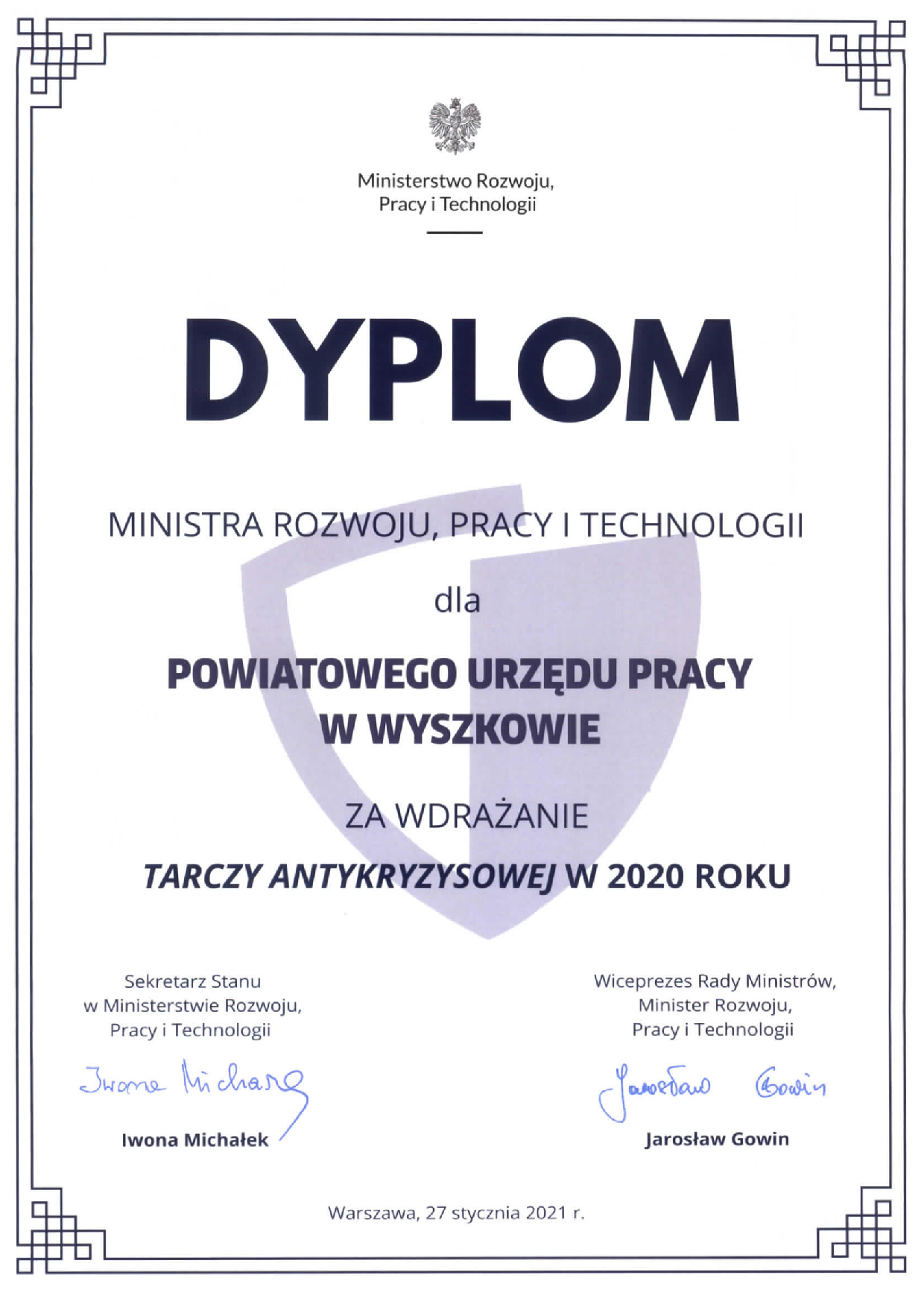 Obrazek dla: Dyplom Ministra Rozwoju, Pracy i Technologii za wdrożenie Tarczy Antykryzysowej w 2020 roku